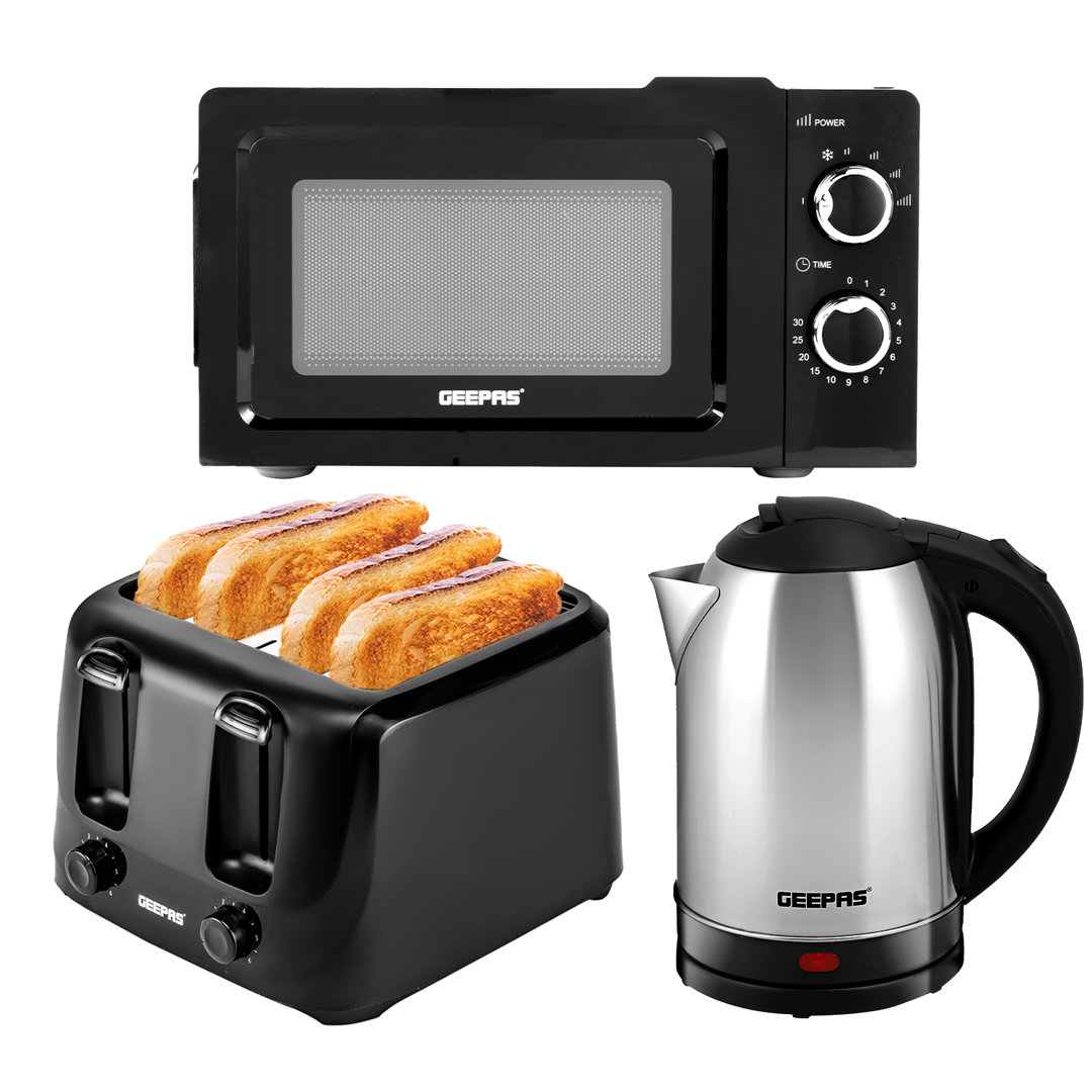 GEEPAS Electric Kettle 4 Slice Bread Toaster & Microwave Kitchen Set | 1500W 1.8L Cordless Jug Kettle | 1400W Toaster with 6 Level Browning Control |