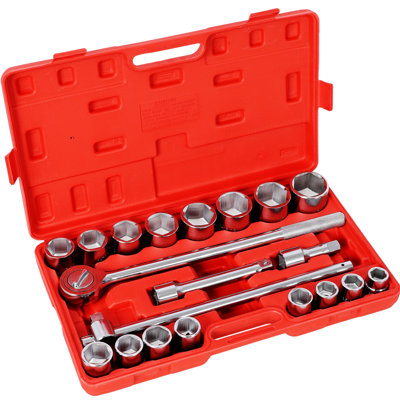3/4" Drive 6 - Point Socket With 19 1/2" Ratchet Handle, 18" Flex Bar, 4" And 8" Extension Bars, 16 Sockets, For Diy Projects In High Work 21 Piece Red Blow Case, Ratchet, Breaker, & Extensions,