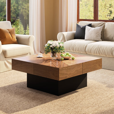 Cristyle 35.43" Square Wood Coffee Table With 4 Storage Drawers Modern Walnut Marquetry Design Large Center Table Modern Coffee Table For Living Room