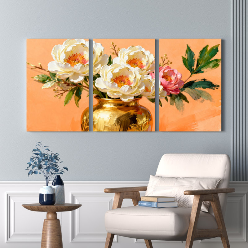 Tableau sur toile tendue représentant des pivoines dans un vase doré (lot de 3), H 30 po x l 60 po