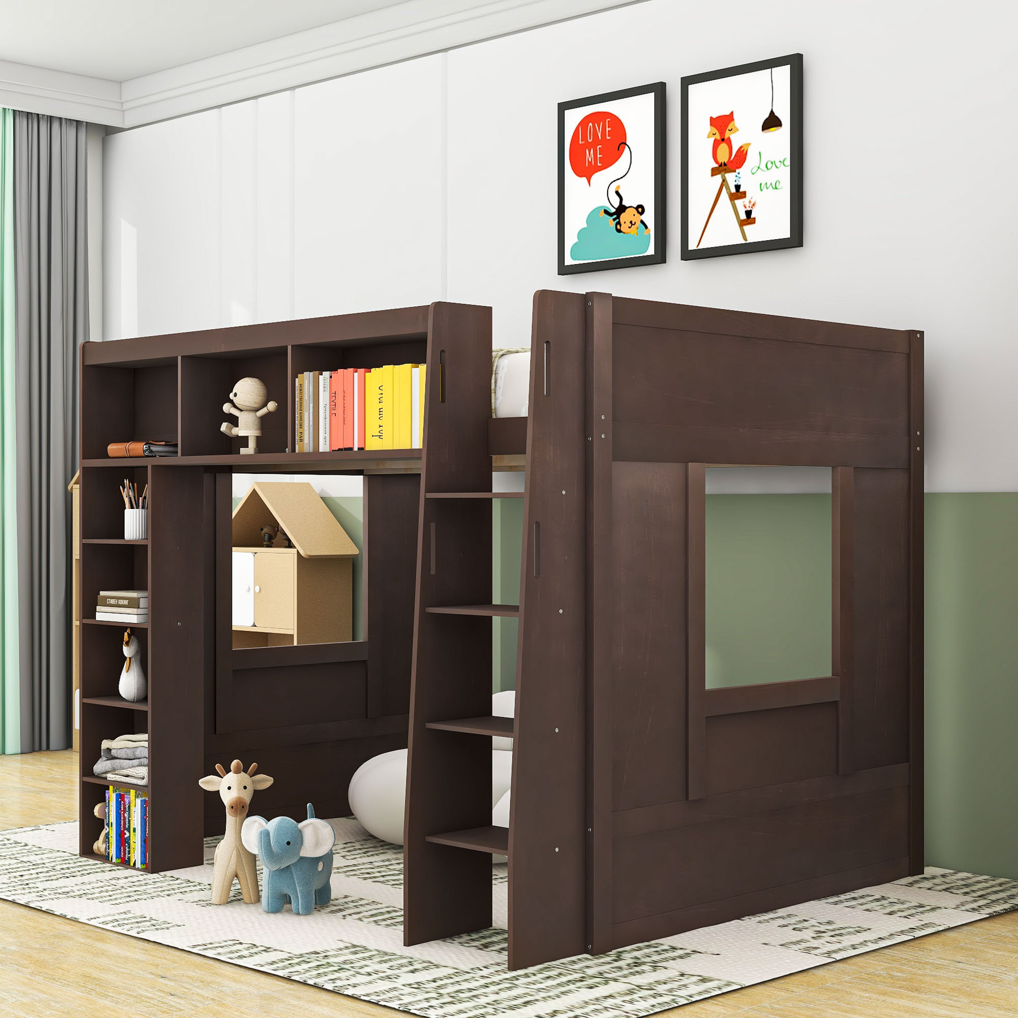 Harriet Bee Queen Wood Loft Bed With Storage Shelves And Ladder ...