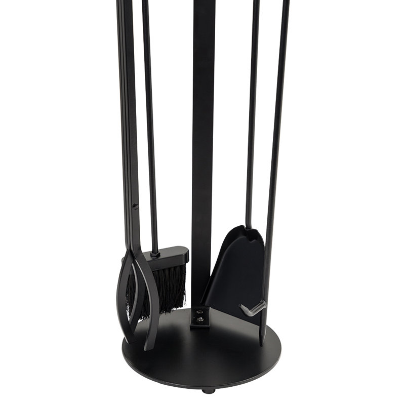 Ensemble d'outils de foyer Modern Ember Knoll - comprend brosse, pelle, tisonnier, pinces et support - acier, Noir