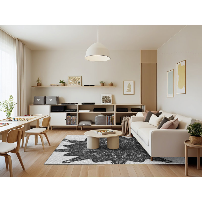 Tapis noir/gris tissé à la machine, Rectangle 7 pi x 9 pi