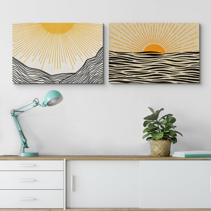«Yellow Sunrise Abstract Ocean Nautical Coastal Llustrations» 2 pièces, Toile tendue, H 16 po x l 24 po