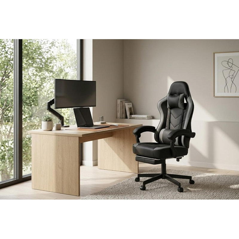 Ergonomic High-Back PC & Racing Chair With Massage Lumbar, Footrest & Adjustable Arms, Black/Gray