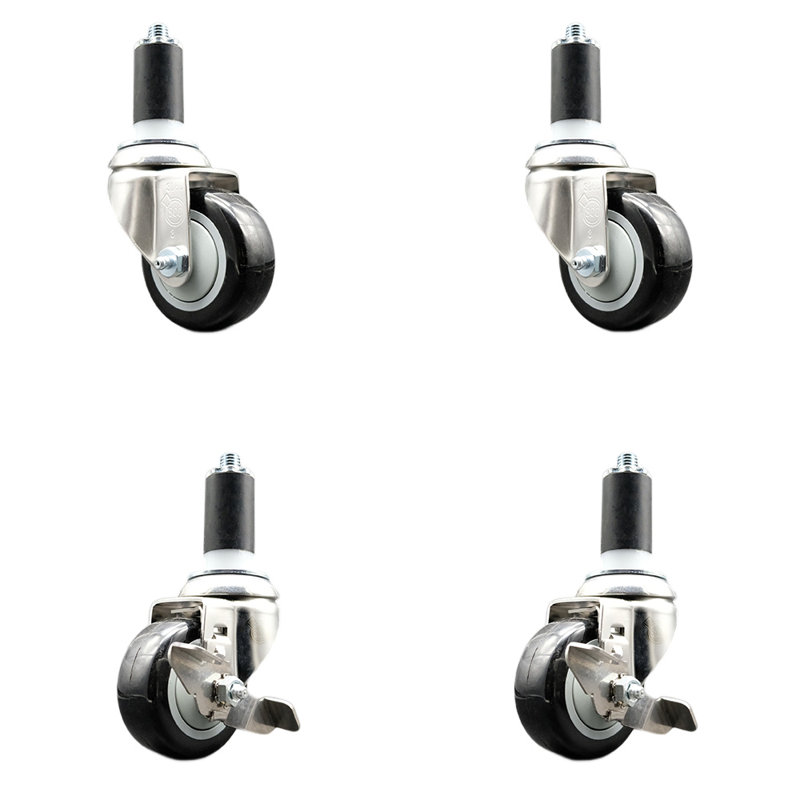 Ensemble de roulettes extensibles en polyéthylène pivotant de 3 pouces et 1 3/8 pouce à 3 freins SCC, Noir