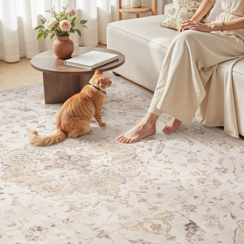 Machine Washable Vintage Floral Soft Beige Area Rug With Non-Slip Backing For Living Room, Bedroom, Rectangle 8' x 10', Beige
