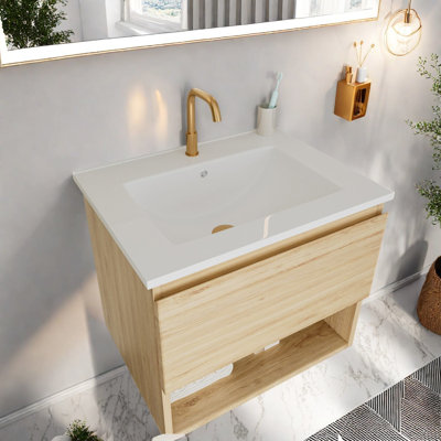 Meuble-lavabo moderne (avec meuble-lavabo et lavabo) avec rangement, panneau de fibres à densité moyenne en chêne, salle de bain murale de 24 po