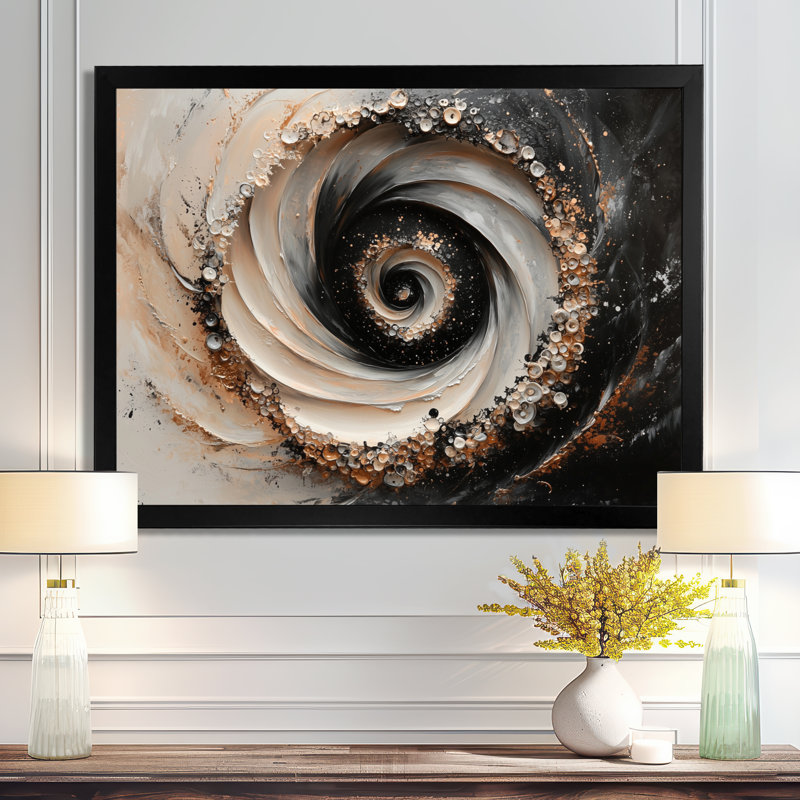 Encre cosmique spirale de rêve III - art mural transitionnel, H 34 po x l 44 po, Avec cadre, Noir, noir, noir, noir