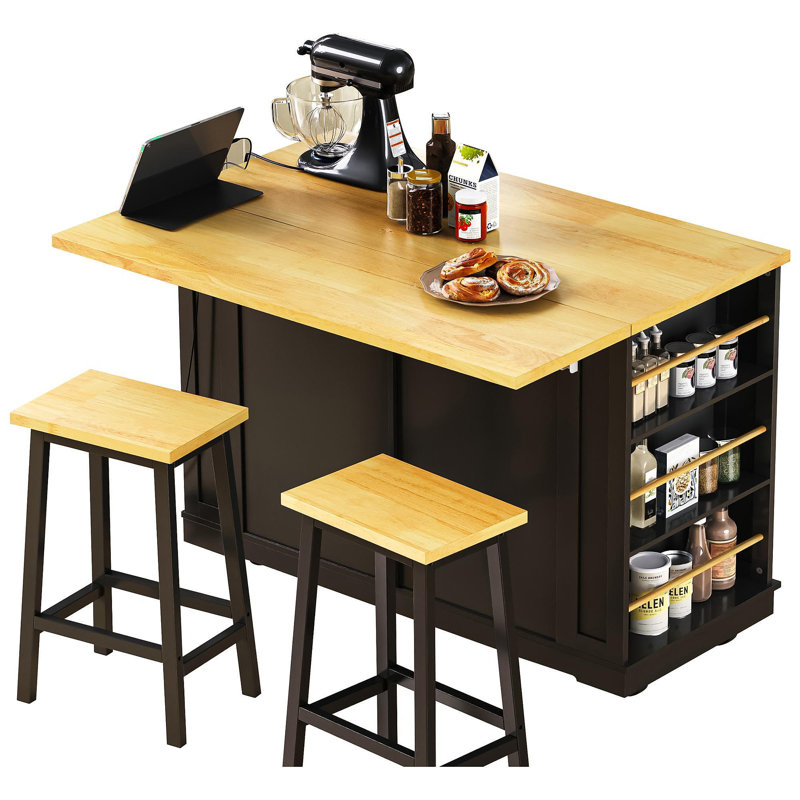 48 Inch Large Kitchen Island With Drop Leaf,Power Outlet,Internal Storage Rack,Rolling Kitchen Storage Cart On 5 Wheels With 5 Open Side Racks,For Kitchen,Dining Room,Black(Not Include Stools)