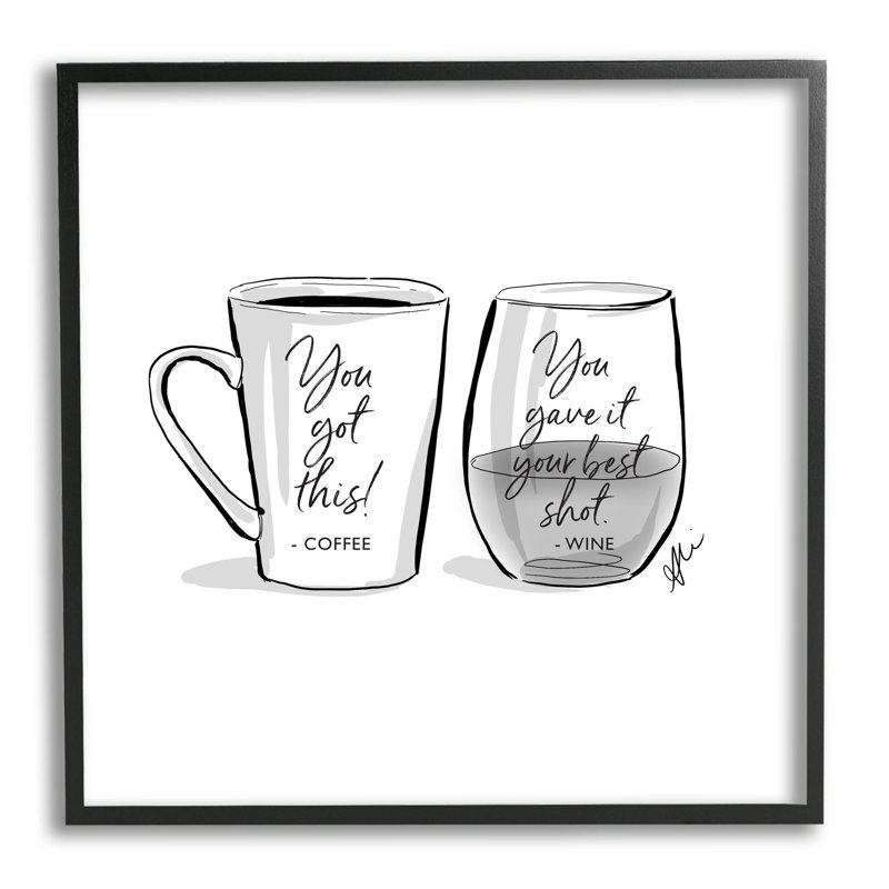 Drôle de café et de vin, art de la giclée noire encadrée par Alison Petrie, H 17 po x l 17 po x P 1,5 po