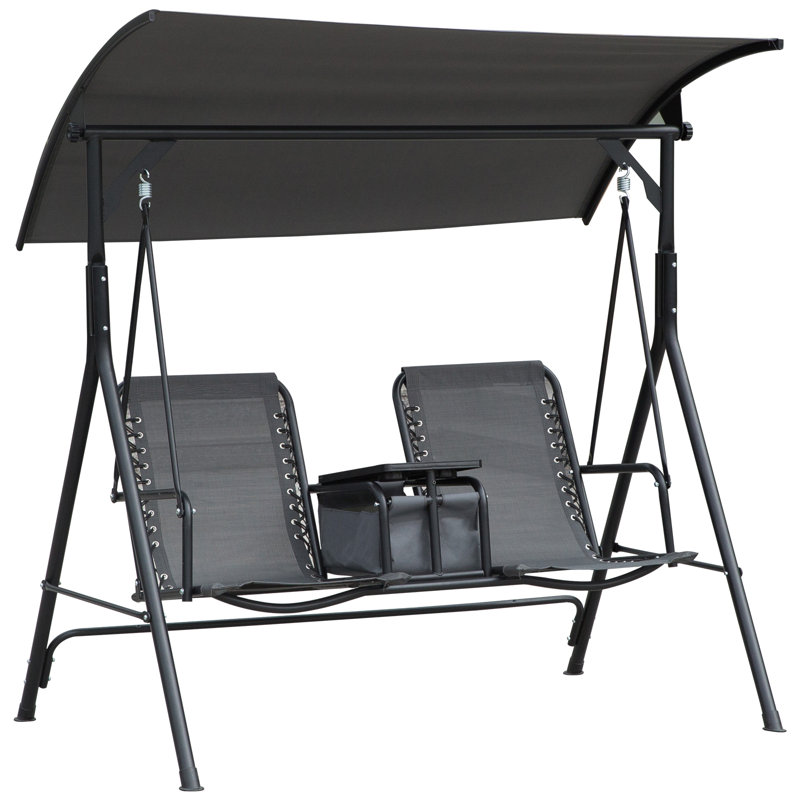 Gray 2-Person Outdoor Swing with Canopy and Storage Table