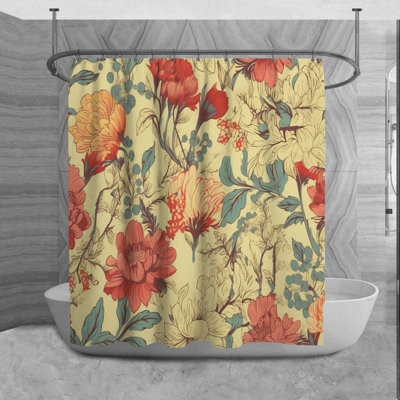 Floral Shower Curtain Botanical Bath Mat Red Bathroom Decor