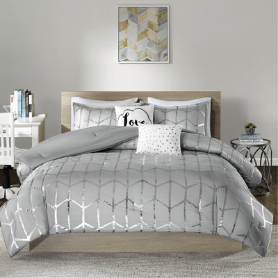 Édredon gris / argent très grand / très grand, motif géométrique métallique, microfibre, 2 taies décoratives, coussins décoratifs, tissu en microfibre élégant facile à nettoyer, lavable à la machine