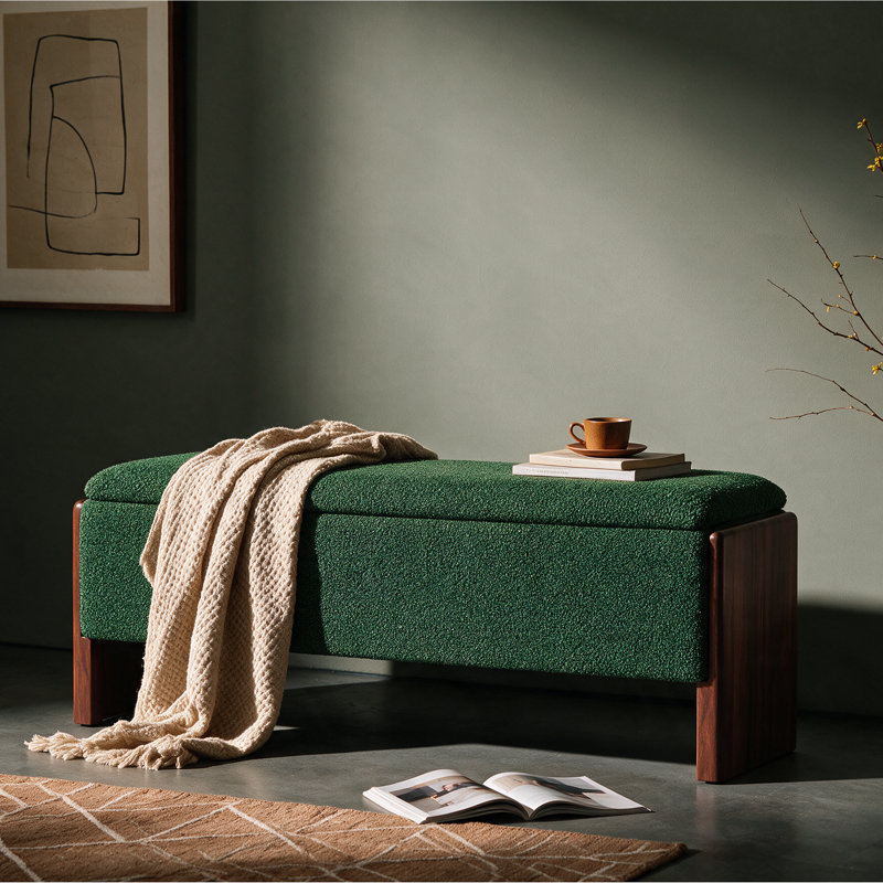 Banc de rangement rembourré bouclé de 42,5 pouces avec pieds en bois massif, Vert