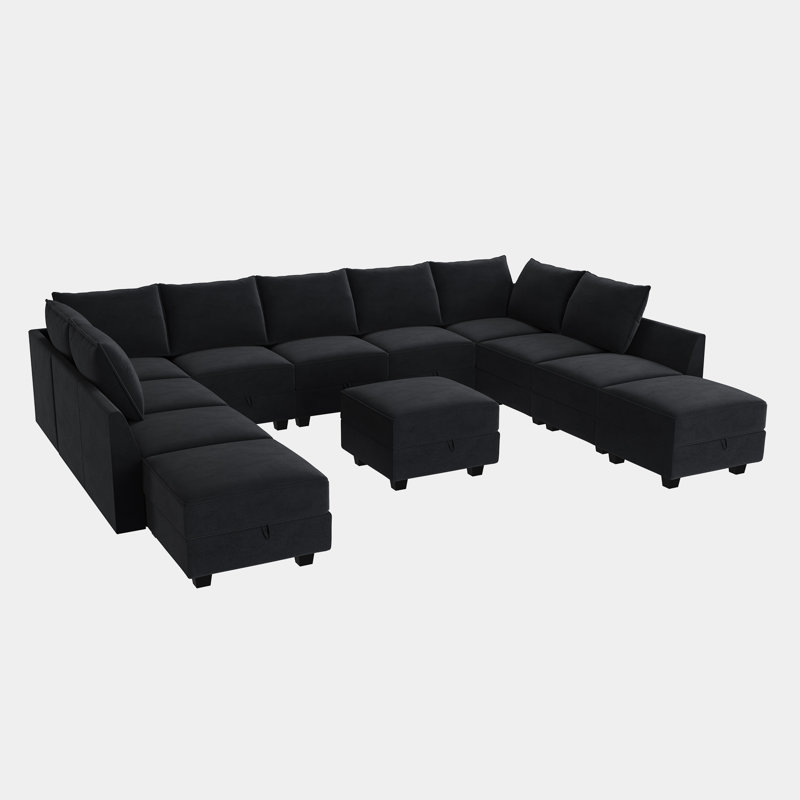 Kandle Modular Upholstered Velvet Chaise Sectional Sofa, Black Velvet