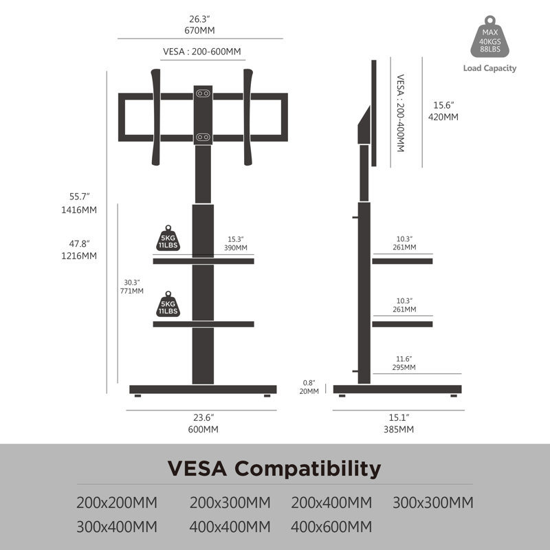 Support pour écrans multiples de 33 à 50 po avec tablettes E Series Fitueyes, Blanc