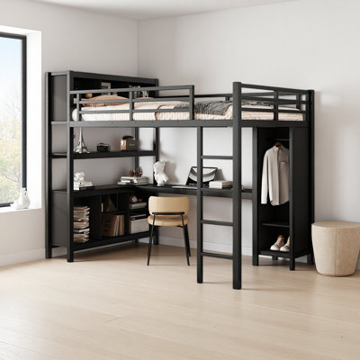 Lit mezzanine en métal robuste avec garde-robe et bureau en L, lit mezzanine double avec cubes de rangement et tablettes, lit mezzanine robuste pour enfants, adolescents et adultes