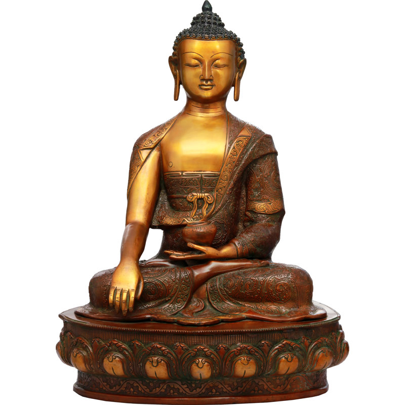 Lord Buddha In Earth Touching Geste portant une robe entièrement sculptée (bouddhiste tibétain)
