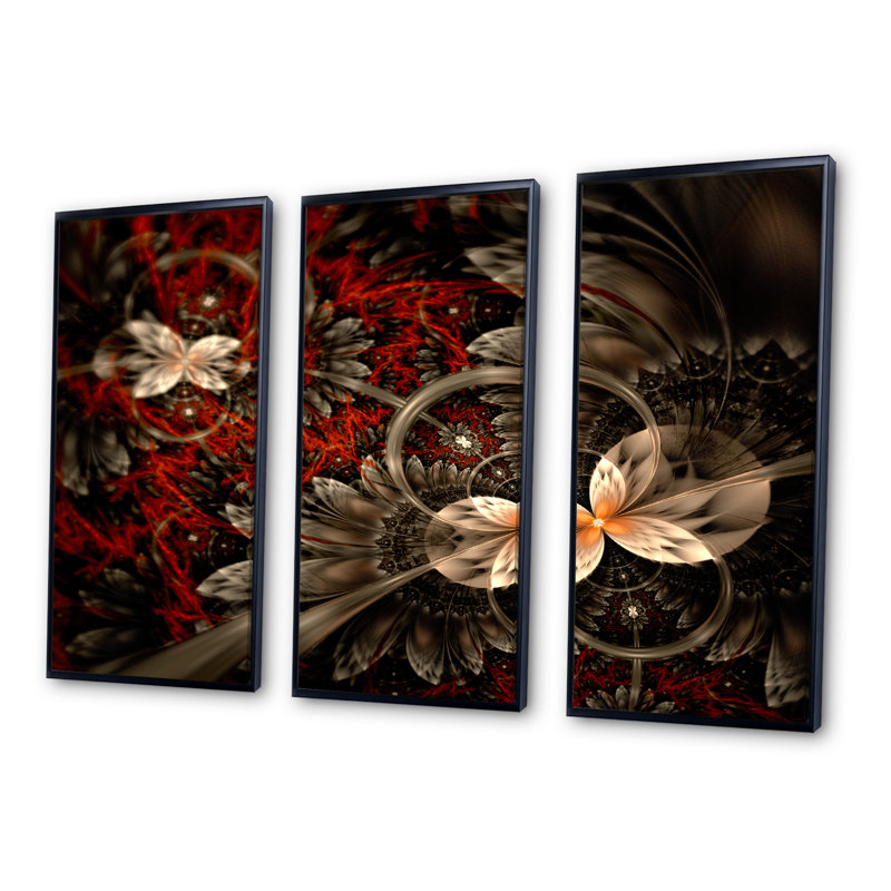 Ensemble de 3 reproductions d'art sur toile encadrées florales rouges et oranges, H 28 po x l 36 po x P 1 po, Cadre noir