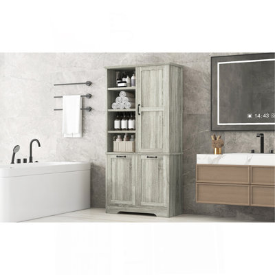 Armoire de rangement de salle de bain avec portes et tiroirs, panier à linge inclinable, plusieurs espaces de rangement, style autoportant, tablette ouverte, tablette réglable, chêne