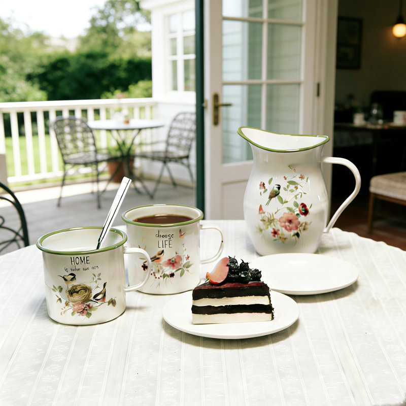 Vintage Floral Enamelware Coffee Mug Set with Pitcher, Bird and Botanical Print Farmhouse Kitchen Drinkware, Farmhouse Serving Set for Home or Outdoor, 3-Piece (2 Mugs + 1 Pitcher)