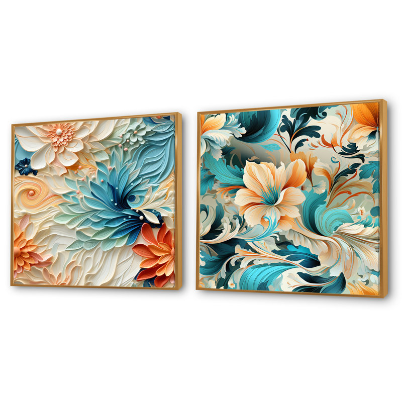 Bagneux - Ensemble de 2 collages floraux et botaniques carrés, Cadre flottant doré, H 16 po x l 33 po