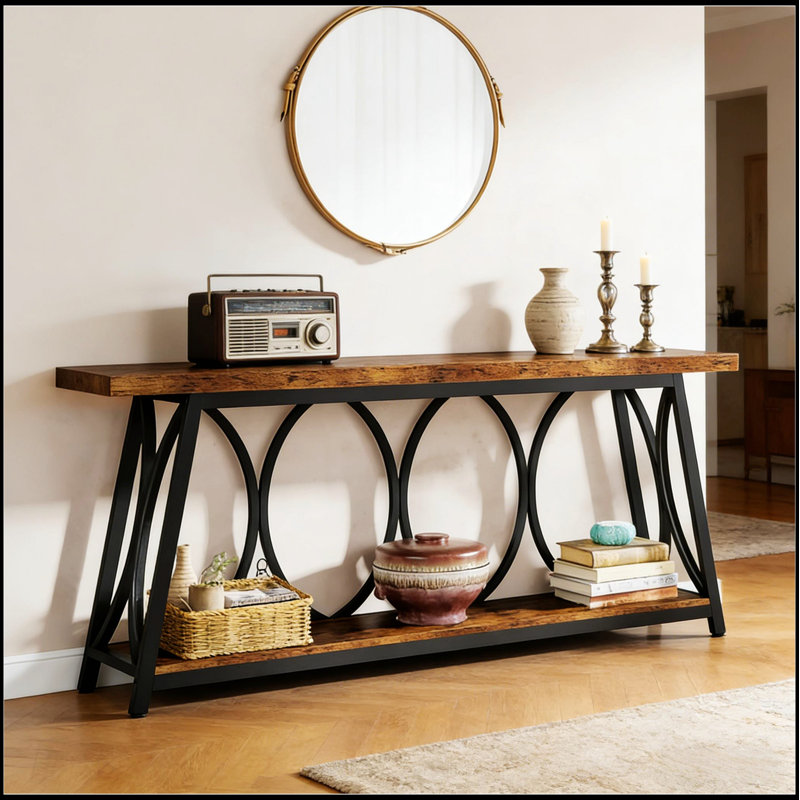 Console rétro avec design à 2 niveaux, fabrication robuste et style industriel rustique pour une décoration moderne