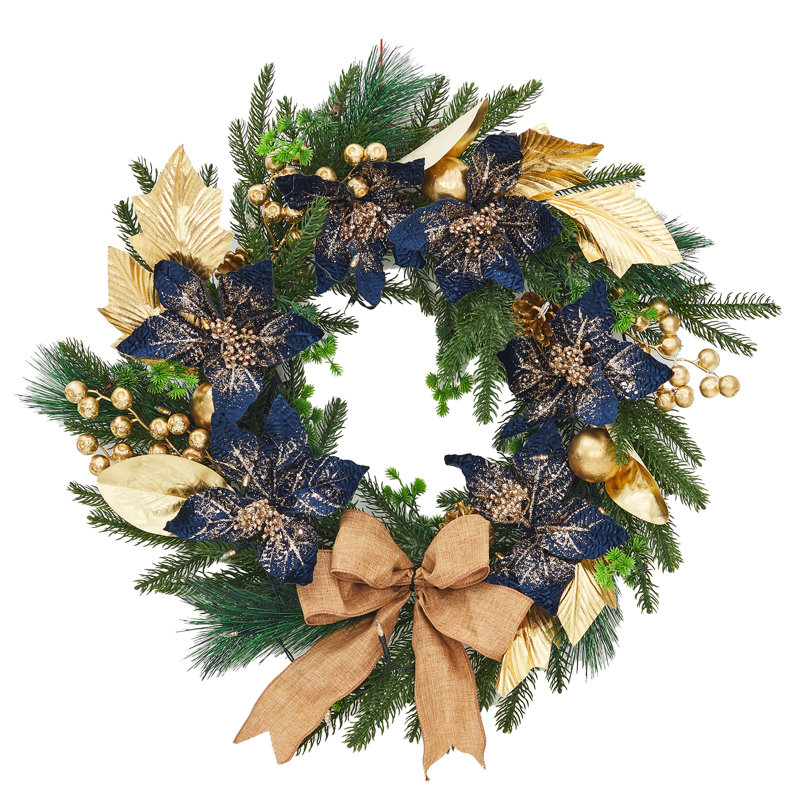Couronne de Noël de 24 pouces pour la porte d'entrée, couronne de Noël pré-éclairée avec des arcs, des feuilles d'or et des boules décoratives
