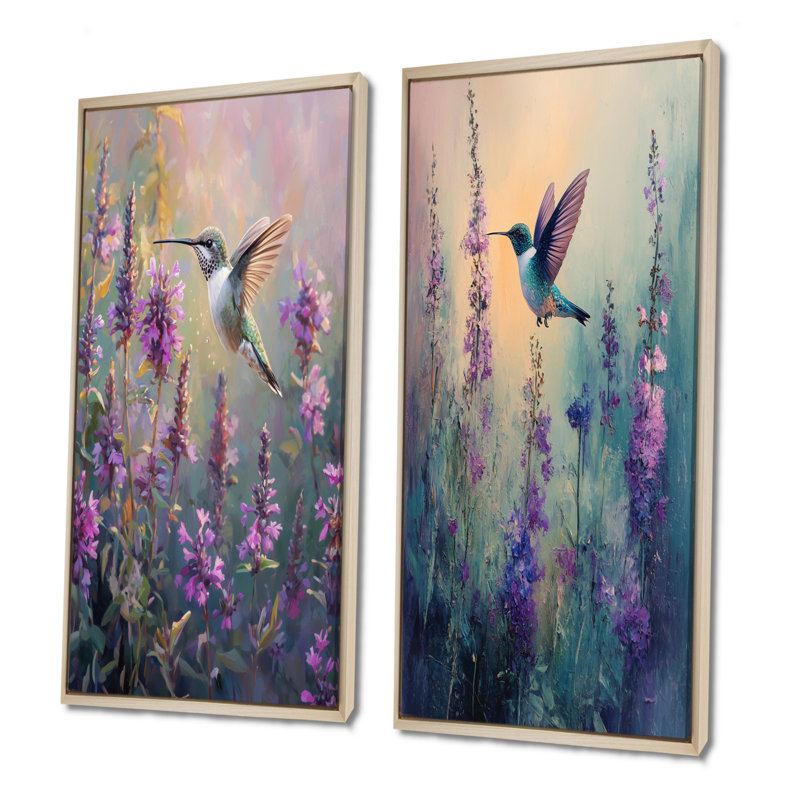 Colibri dans les fleurs sauvages III - animaux, art mural 2 pièces, H 28 po x l 25 po, Cadre crème crème