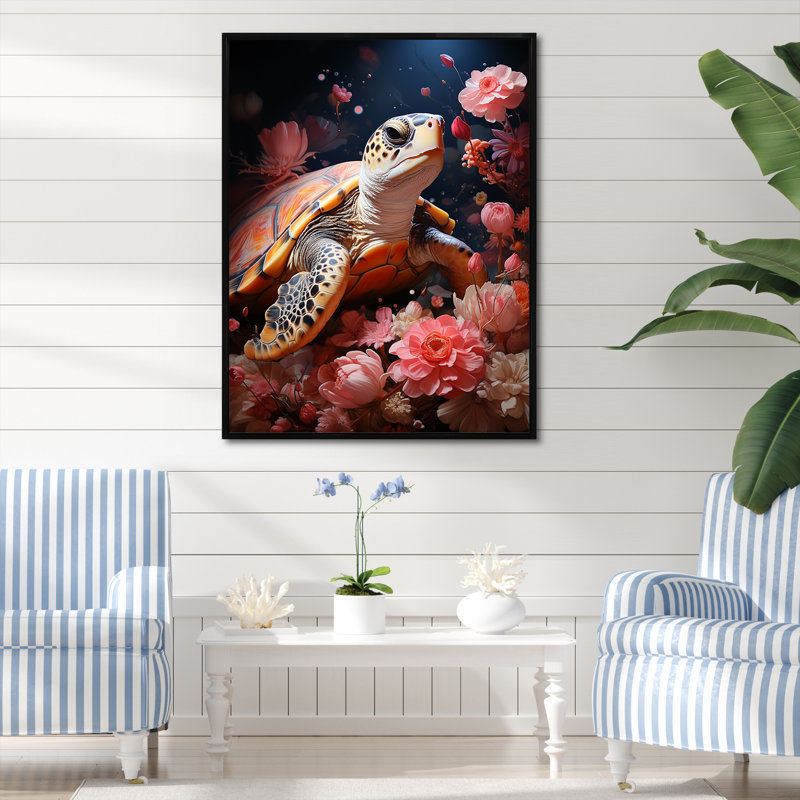 Tortue romantique sur toile, Cadre flottant noir, H 44 po x l 34 po x P 1,5 po