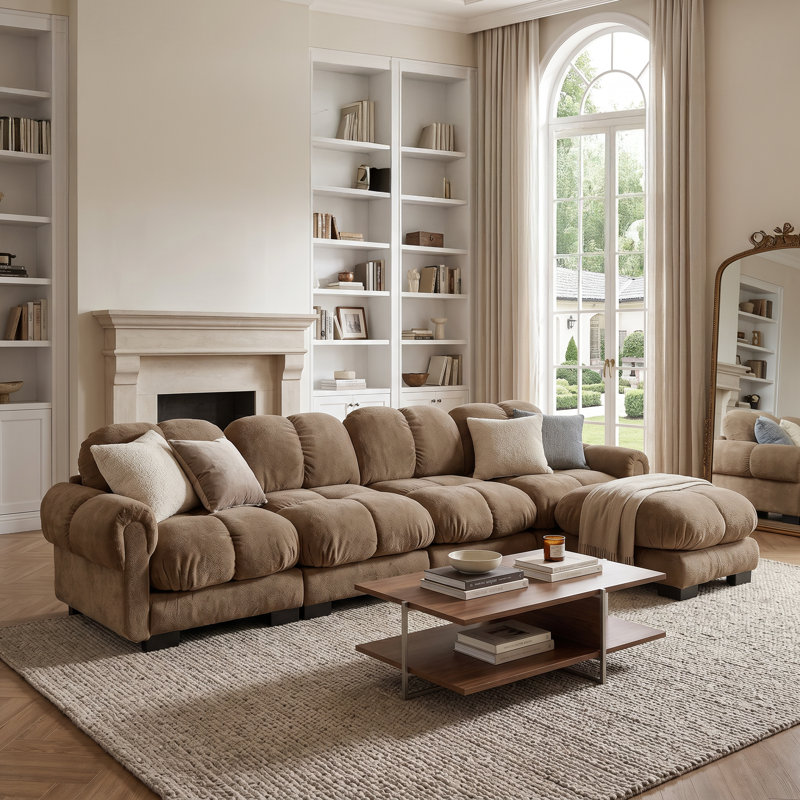 Ensemble de canapé modulaire surdimensionné en chenille avec coussins et 1 repose-pieds, beige taupe, 1 repose-pieds