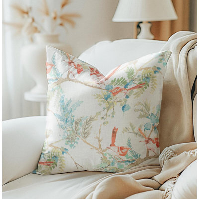 Beige Linen Rust Orange Bird Print Pillow Cover