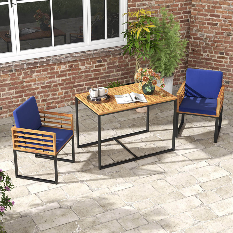 3 Pcs Patio Dining Table Set With Bistro Chairs Large W/ Seat Cushions