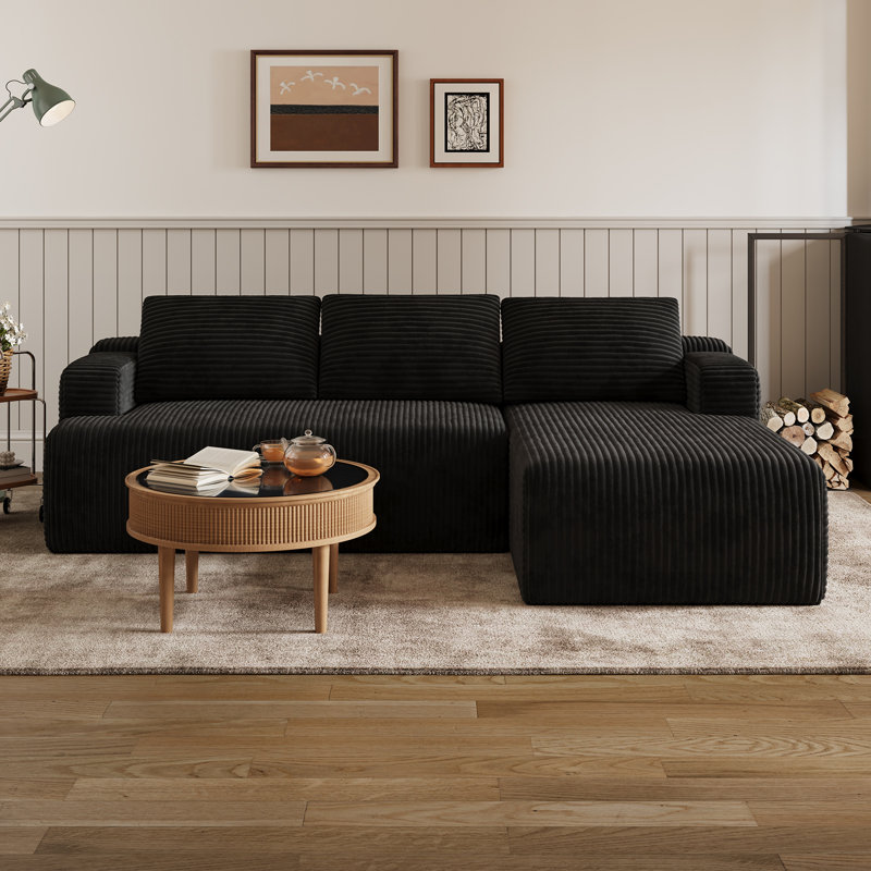 Modern Corduroy Cloud Couch Sectional Sofa, L-Shape 3-Seater Sofa with Smarts Coil Support, Black, Right Hand Facing