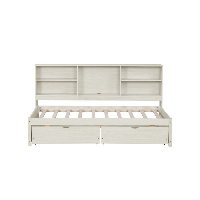 Twin Size Bed Frame With Side Bookshelves, Two Drawers, And Built-In USB Port, White