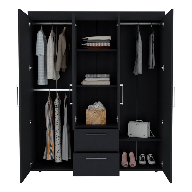 Armoire Bariloche, rangement multi-sections avec tringles de suspension, tablettes et 2 tiroirs