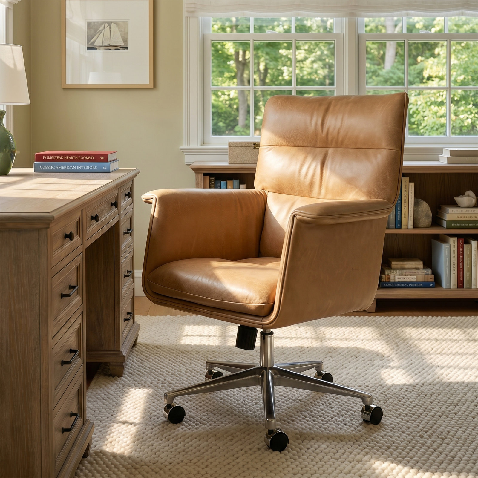 Savita Swivel Office Chair, Sonoma Black Genuine Leather