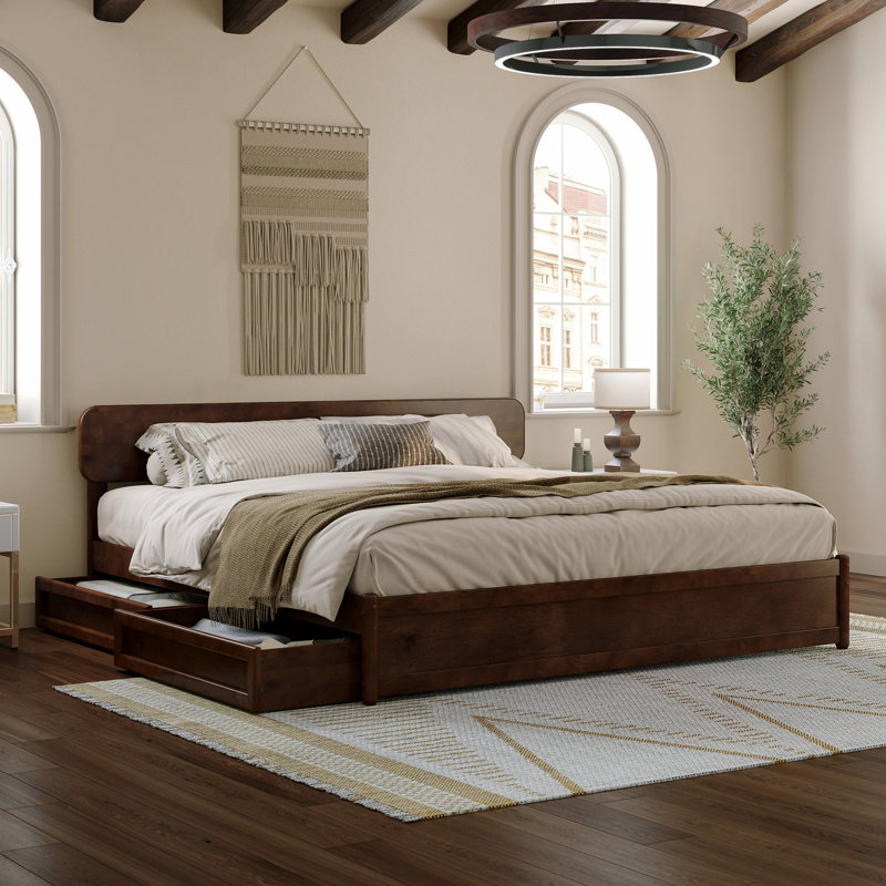 Ause Solid Wood Standard Bed with Drawers, King, Walnut