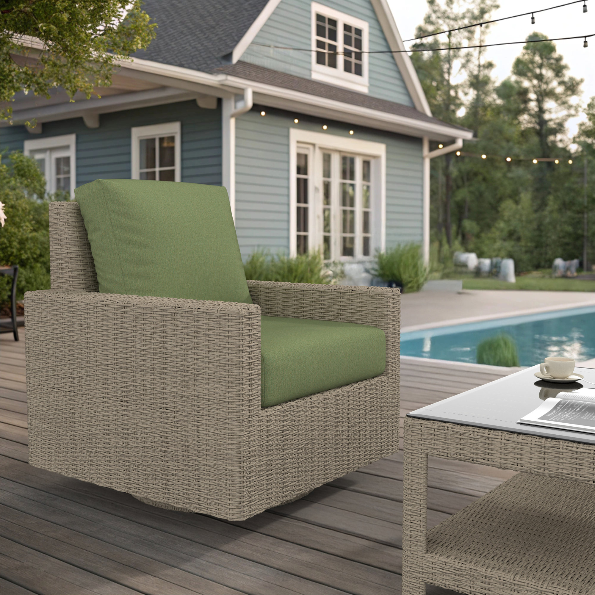 Outdoor Swivel Chair With Sunbrella Cushions, Solid Color, Sunbrella Canvas Fern