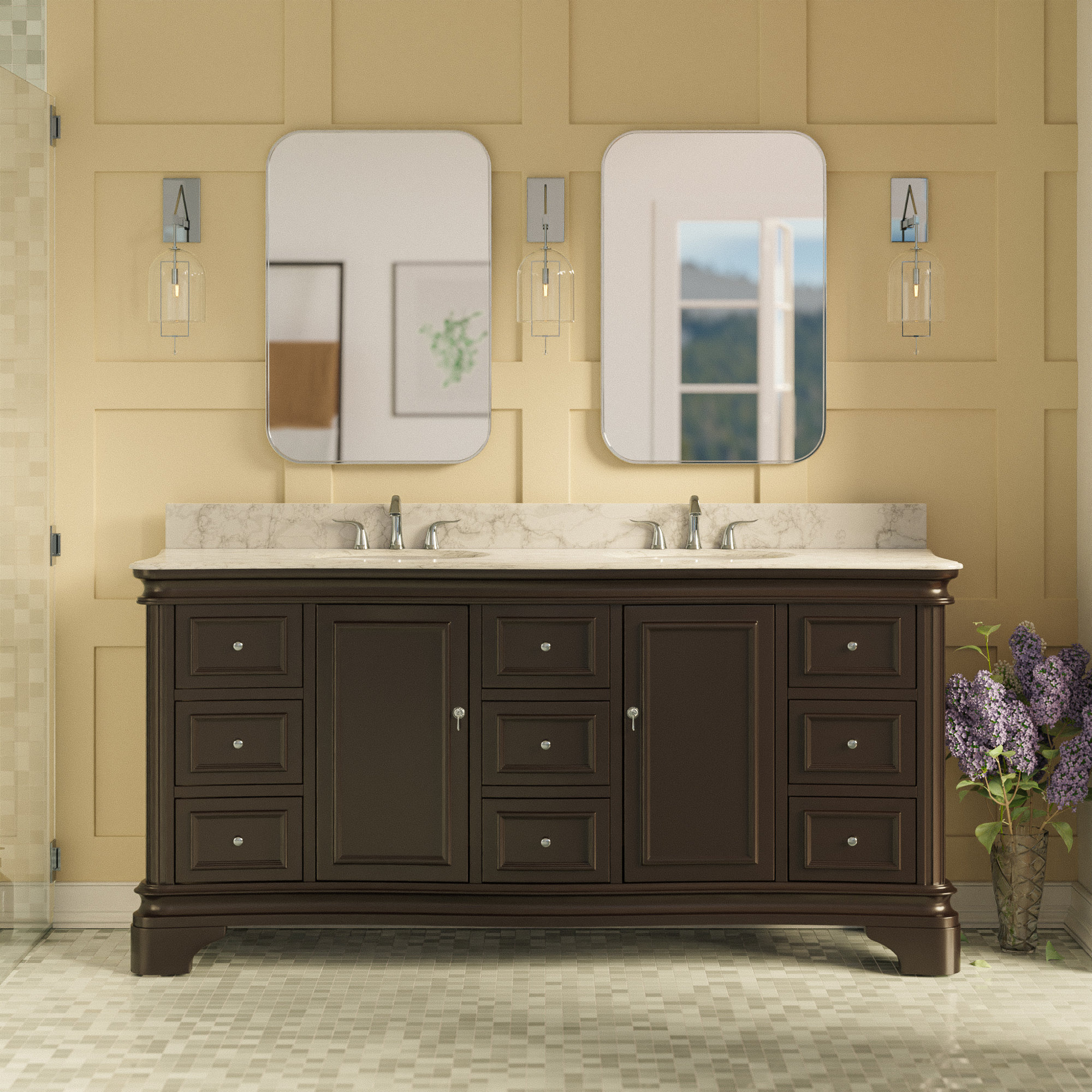 Twain 72" Double Bathroom Vanity Set, Chocolate, Carrara Marble