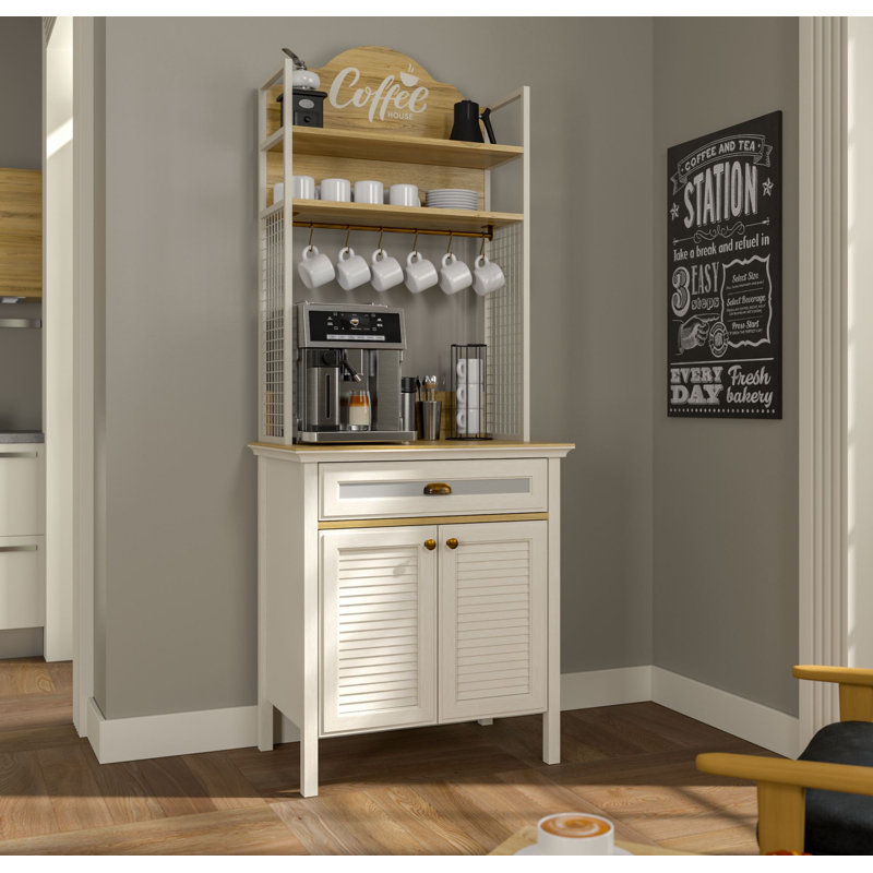 Coffee Bar Cabinet With MDF Doors, Shelves And Cup Hooks – 32" W X 83" H X 21" D – Cream / Oak / White, Cream/Oak/White