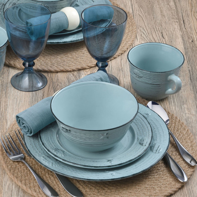 Teal Coastal Ceramic 16-Piece Dinnerware Set with Variegated Glaze