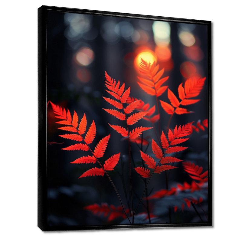 Décoration murale Fougères rouges et noires Glow F II - fougères, Toile avec cadre flottant noir, H 32 po x l 16 po x P 1 po
