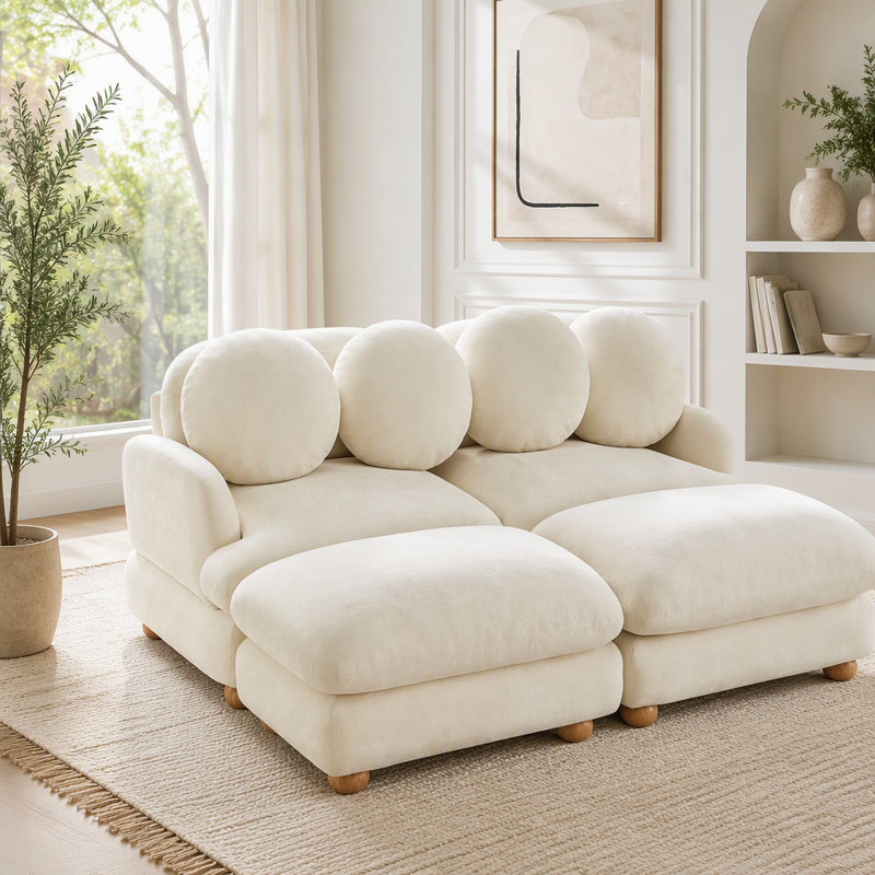 Canapé d'angle modulaire avec revêtement en chenille et pouf amovible, Chenille beige