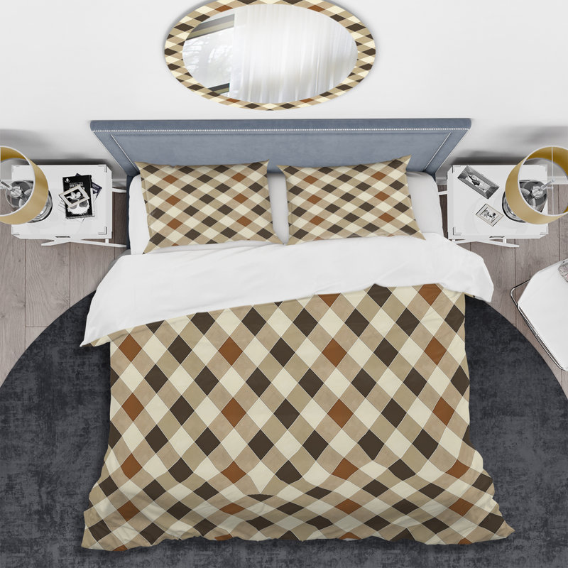 Ensemble de housse de couette moderne à motif vichy brun et beige I, Housse de couette pour grand lit et 2 taies décor