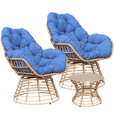 Ensemble de chaises pivotantes d'extérieur 2 pièces avec table d'appoint, méridienne en osier à 360 ° avec coussin, ensemble de conversation toutes saisons pour porche de jardin