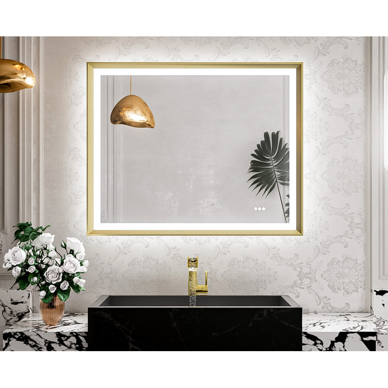 New Rockford Frontlit & Backlit LED Bathroom Vanity Mirror, 36" x 30", Gold, Rectangle