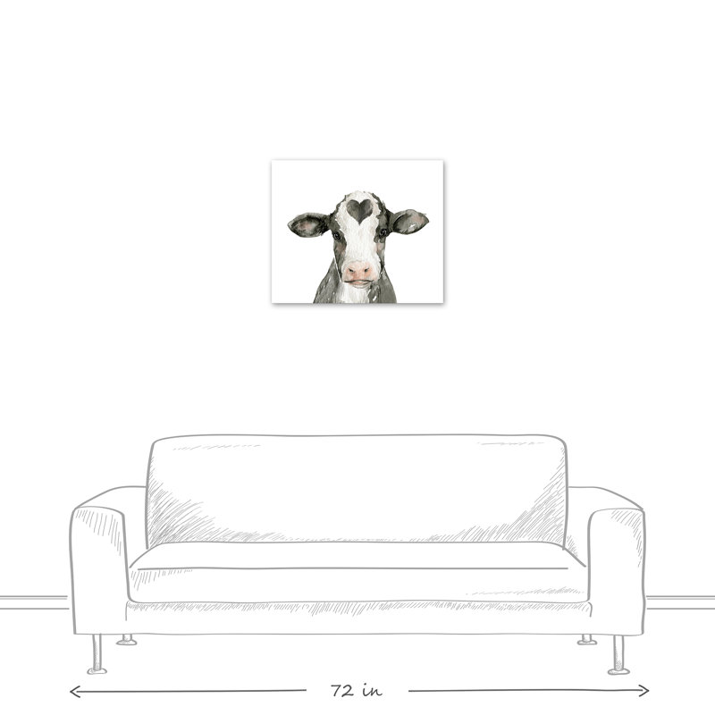 Vache avec cœur, reproduction sur toile, H 20 po x l 24 po