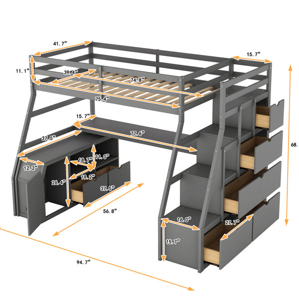 Latitude Run® Twin Loft Bed With 7 Drawer Desk, 2 Shelves In White ...